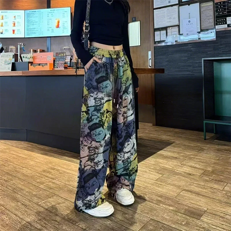 春季新款扎染渐变魔童哪吒印花休闲裤女高腰宽松显瘦直筒阔腿裤潮