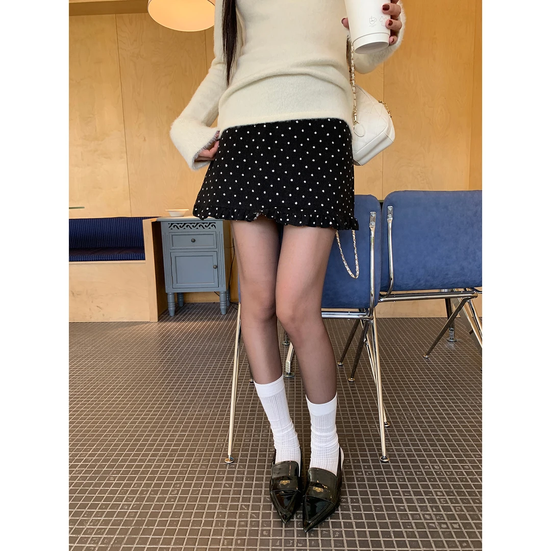 【漫画裙】冬季设计感小众花边波点中腰半身裙11976-1