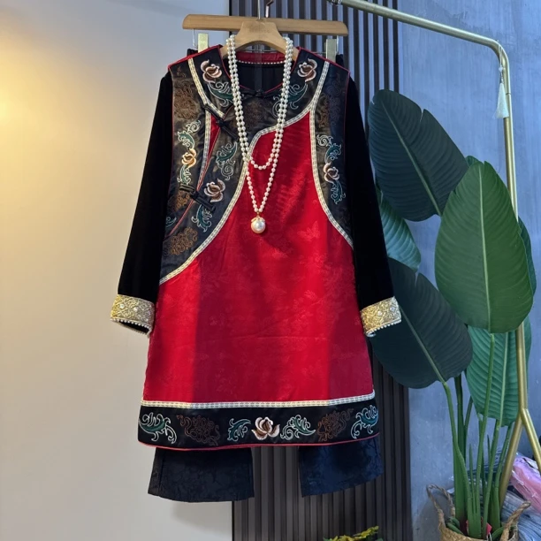 民族风秋季传统大码女装时尚复古中式苗族马甲长衫中国风水洗裤子