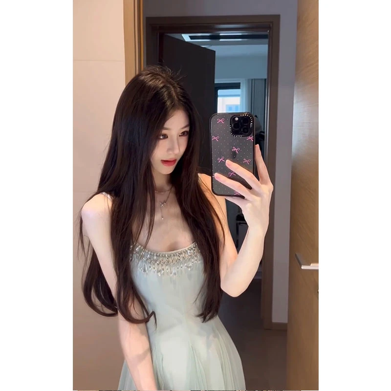 夏季新款时尚设计感超仙儿水晶钻链网纱大摆吊带长款修身连衣裙子