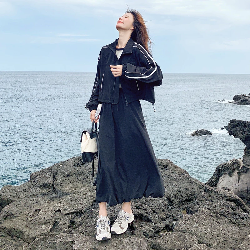 实拍工装风套装裙女小个子2025秋新款学院风长袖开衫半身裙两件套