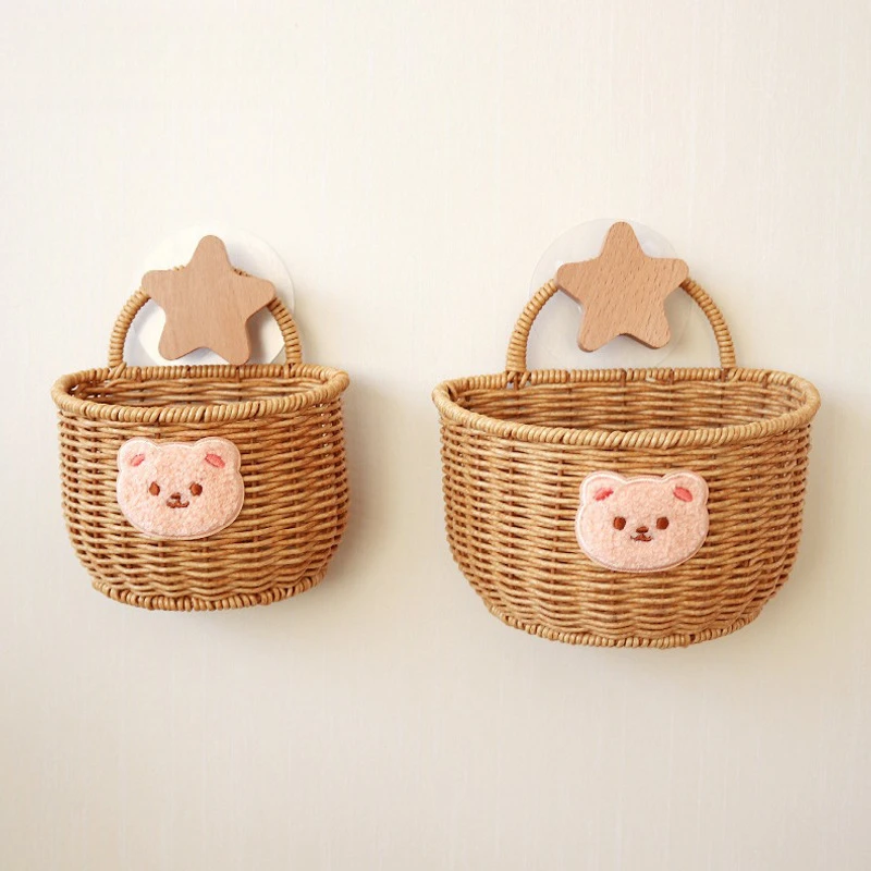 姜蒜收纳篮卡通小熊厨房仿藤编织鸡蛋生姜大蒜收纳筐壁挂式置物盒