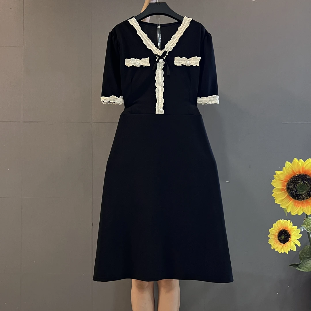 新款法式气质小香风V领花边拼接收腰显瘦大码连衣裙