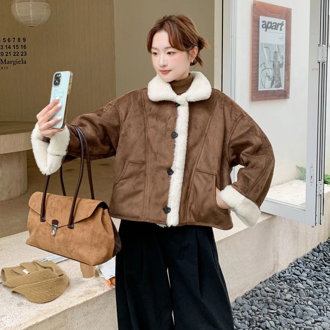 9991#复古羊羔毛外套女小个子韩版加厚保暖皮毛一体大码女外套