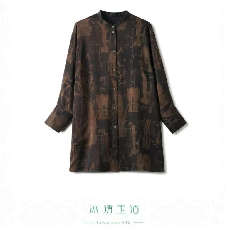 【玉洁定制】“古迹”香云纱咖色宽松显瘦复古印花衬衫上衣LBW24153