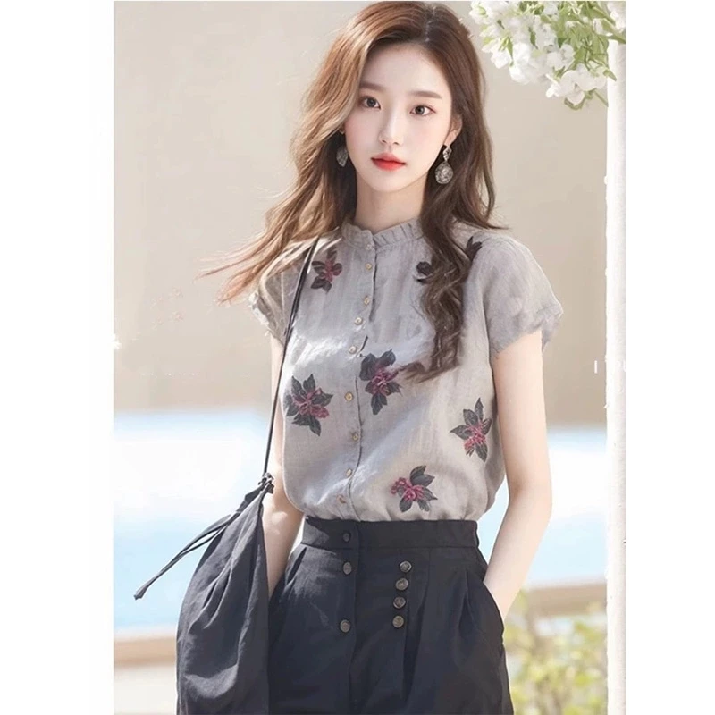 提花立领夏季休闲短袖碎花小衫雪纺衫勾花镂空衬衫衬衣宽松时尚