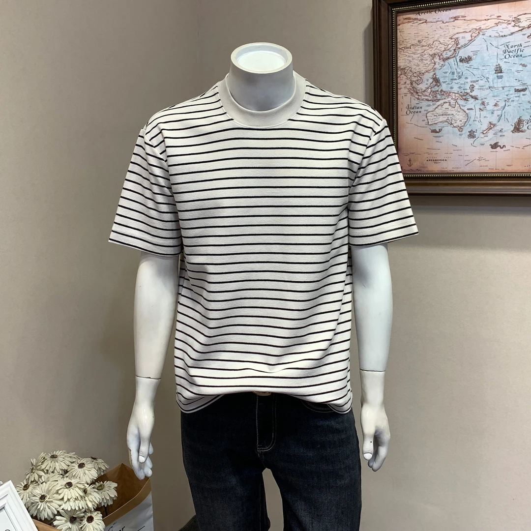 2025年春夏季新款休闲条纹短袖T恤男士潮流圆领半袖t恤上衣服男装