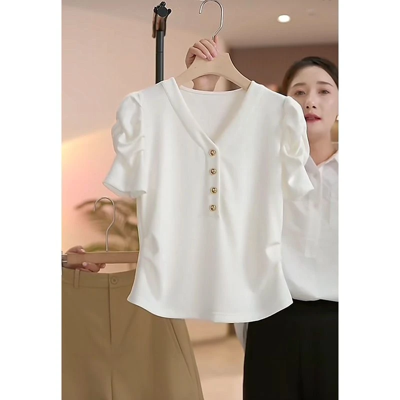 【精梳棉】泡泡袖V领正肩短袖T恤女夏季新款收腰显瘦气质百搭上衣