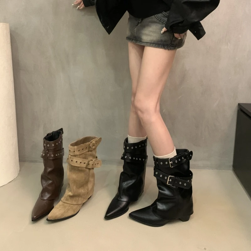美式辣妹皮带扣裤管靴短筒靴女靴2025早秋新款小众设计短靴西部靴