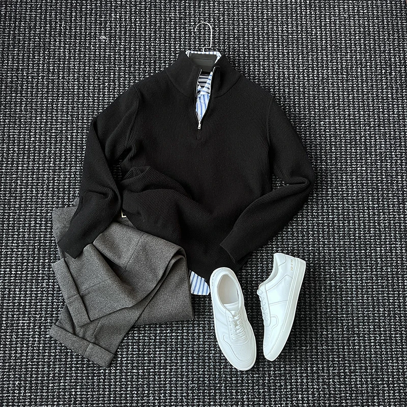 冬季厚款套头半高领针织毛衣男士休闲优雅半开纯色保暖毛衫长袖