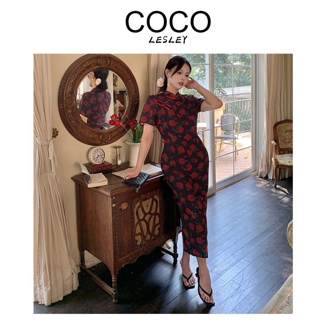 大码女装高级感复古新中式改良旗袍连衣裙胖mm印花包臀裙2093