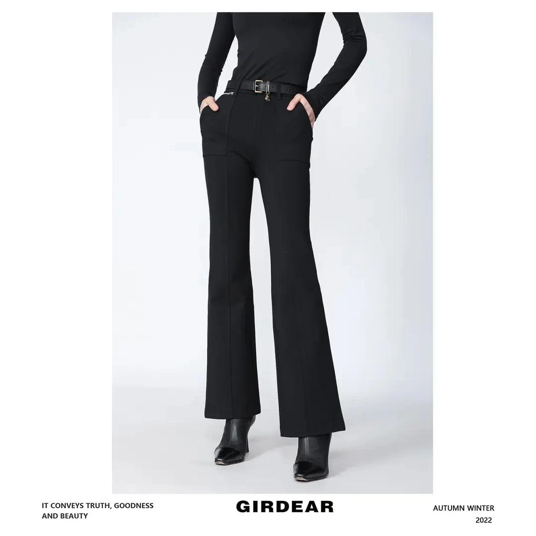 GIRDEAR/哥弟秋冬经典时尚中腰微喇裤显瘦显腿长植绒长裤1100429