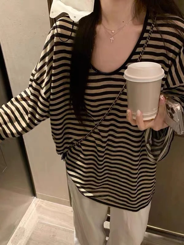 大v领 极简条纹长袖防晒长袖T恤