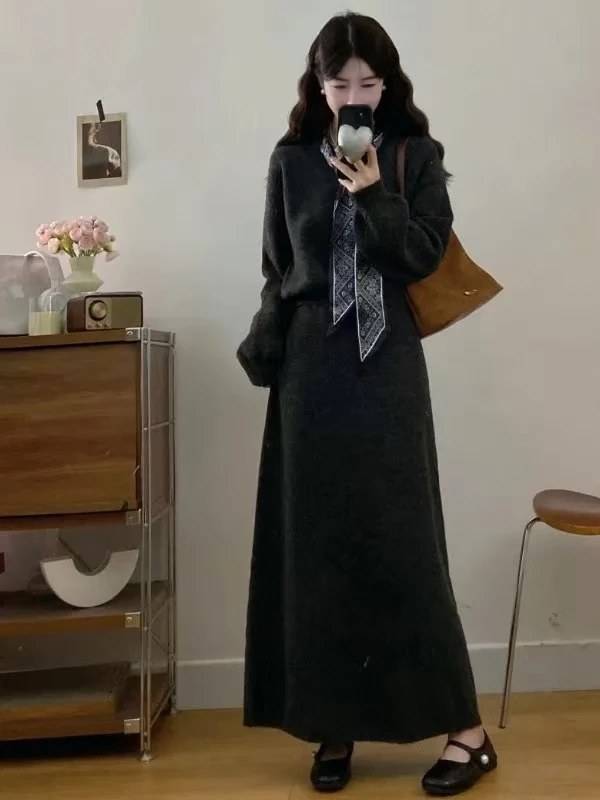 大码胖mm巨好看的一整套秋冬装减龄显瘦针织毛衣半身裙两件套装