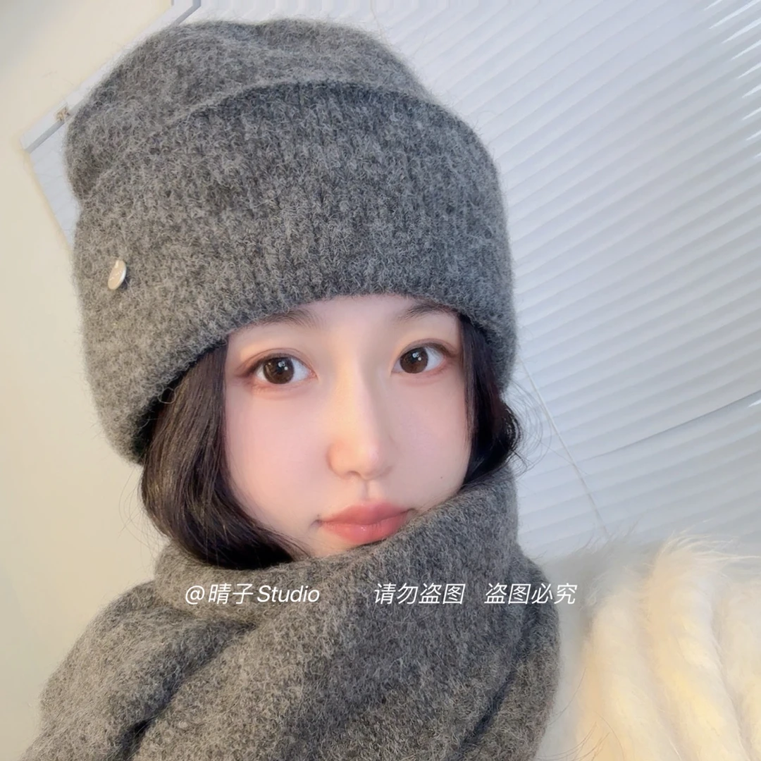 晴子 松弛感宽松版型羊毛混纺针织帽加厚大头围圆脸显脸小护耳帽