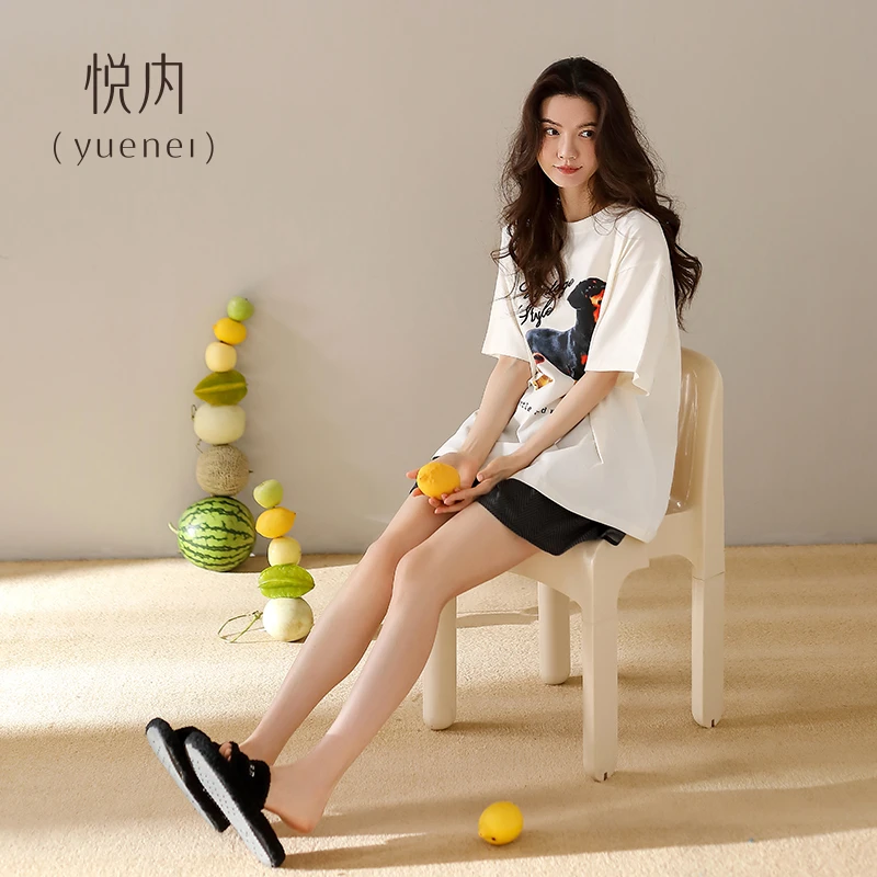 悦内睡衣女款夏季夏天短袖短裤纯棉家居服休闲圆领套头可外穿出门