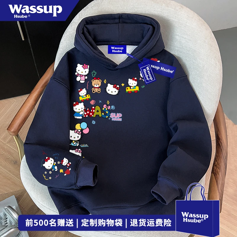 WASSUP HSUBE潮流藏青色无口袋上衣男女秋冬卡通图案印花连帽卫衣