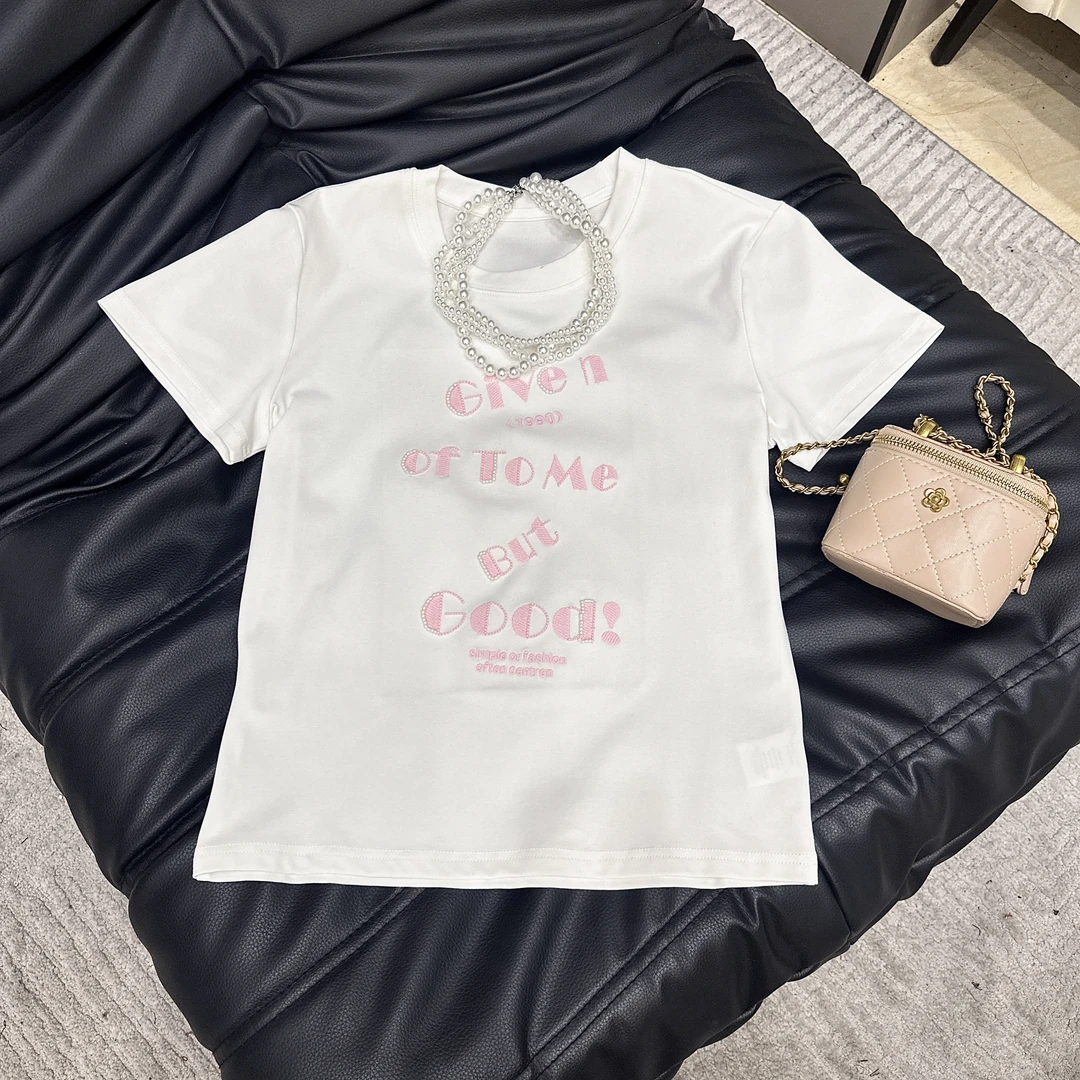 LUSESAY 刺绣钉珠字母 2025新款重工短袖T恤女百搭时尚上衣in