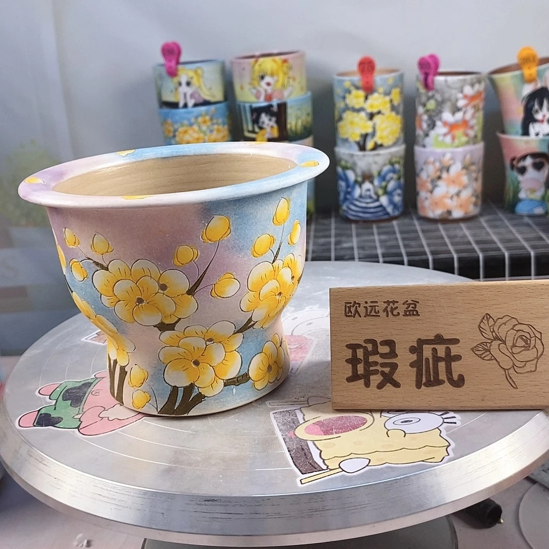 紫砂花盆红陶手绘花盆