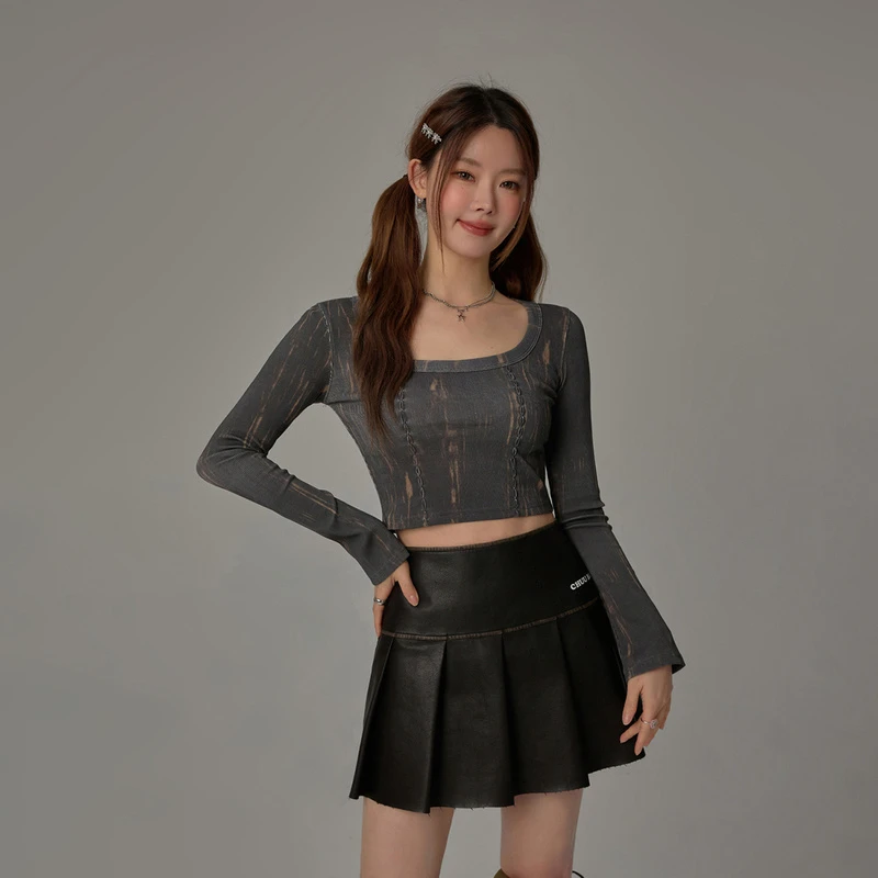 CHUU扎染长袖T恤女2025年春季新品辣妹小众褶皱修身方领短款上衣