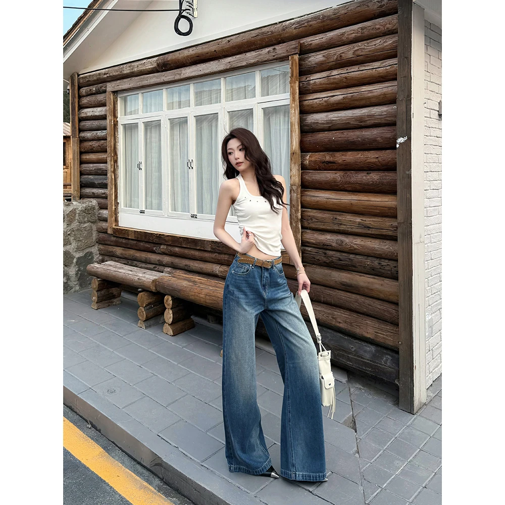 CHEN•春季新款慵懒街头感阔腿蓝色牛仔裤百搭宽松直筒显瘦裤子女