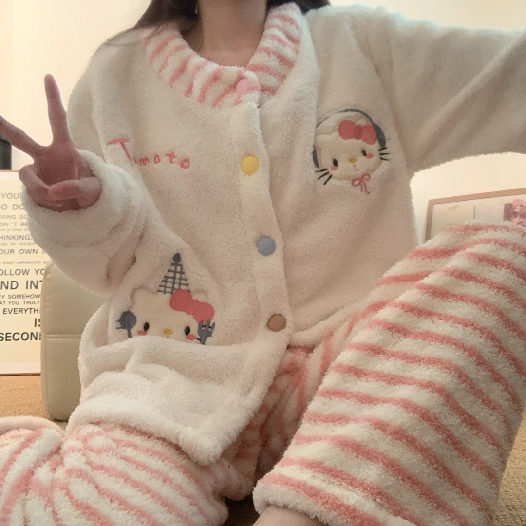 2025新款粉色可爱猫咪睡衣女冬季长毛绒开衫保暖珊瑚绒家居服套装