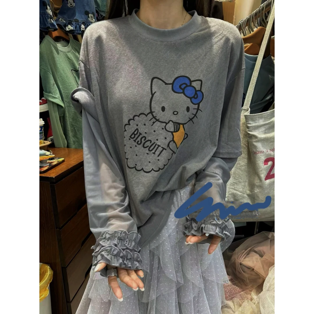 2025春夏新款宽松拼接假两件卡通KT印花长袖T恤女时尚洋气上衣潮