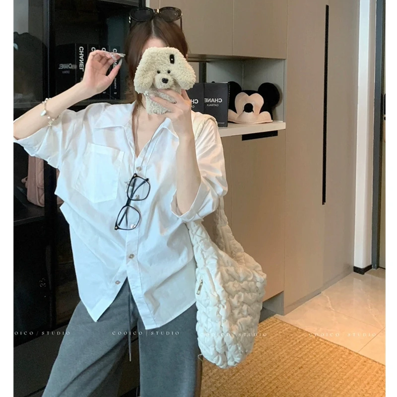 韩版松弛感纯棉中袖白色衬衫女秋季新款宽松褶皱收腰衬衣叠穿上衣