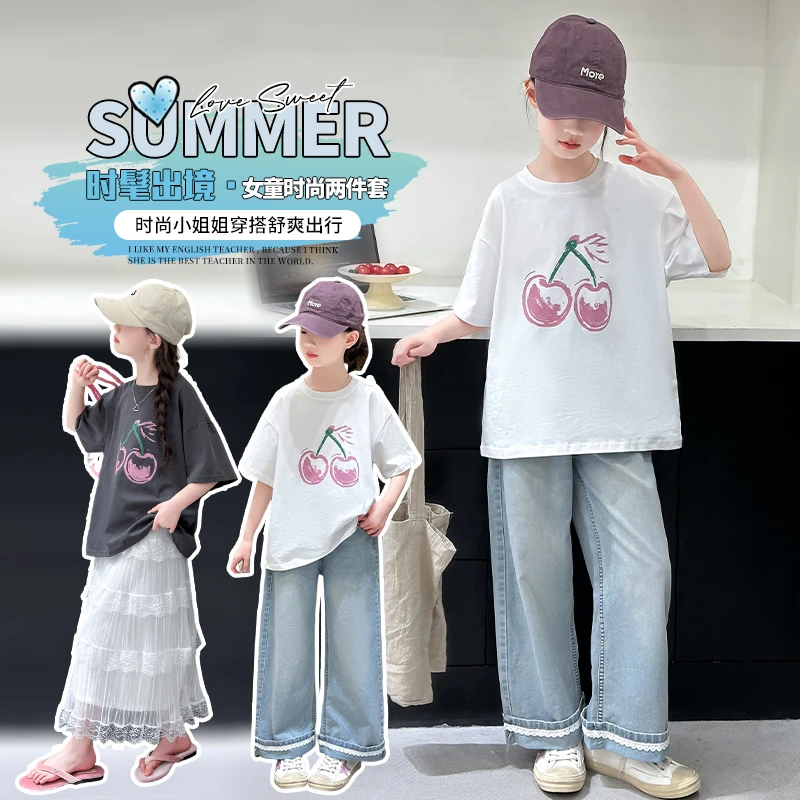 2025新款夏季女童樱桃印花短袖花边牛仔裤套装夏新款牛仔裤套装