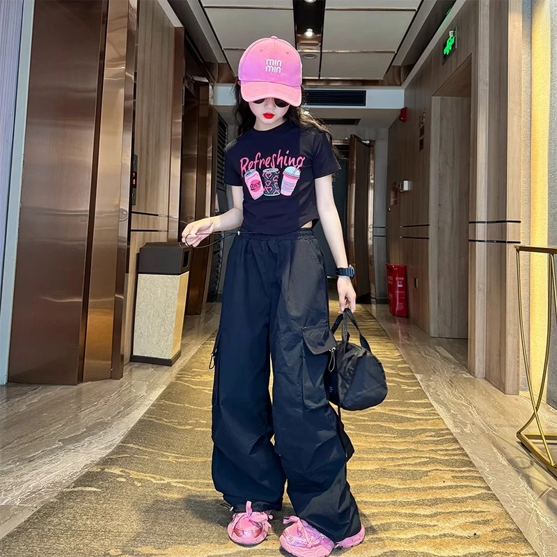 女童套装夏季2025新款女大童工装裤超酷女孩夏装洋气韩系时髦短袖