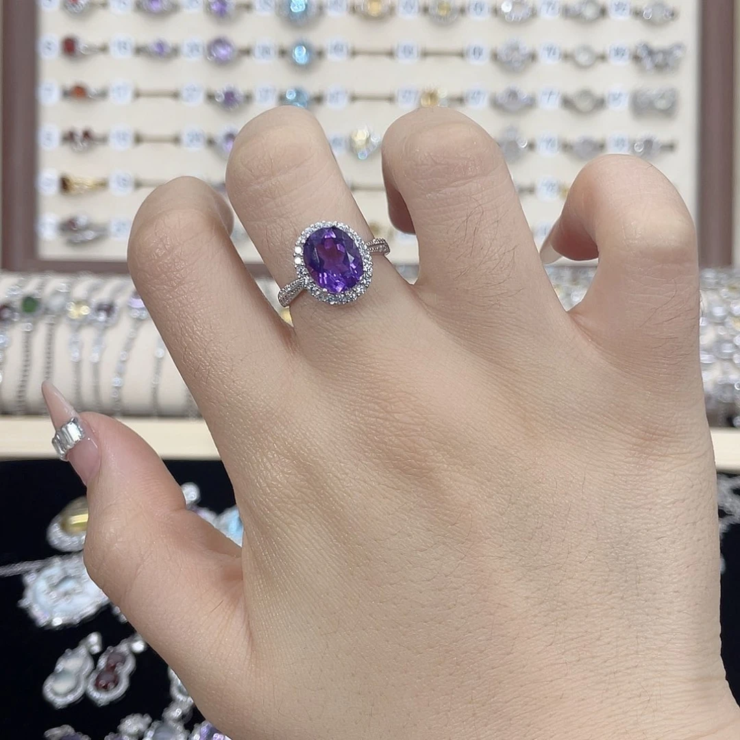 不***猫戒指银S925镶嵌紫晶