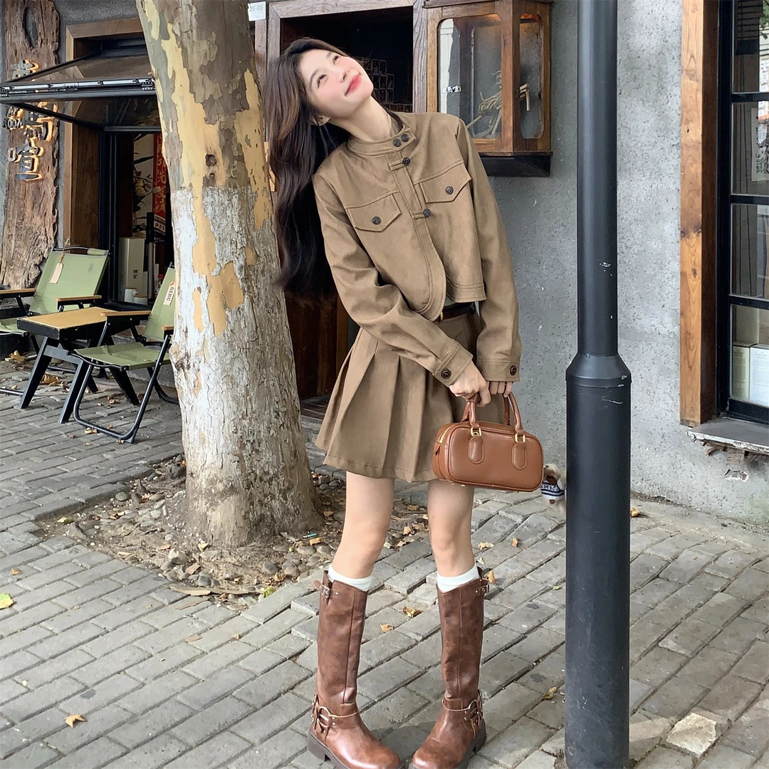 咖色百褶连衣裙套装女2025新款高级感小个子一整套入秋穿搭两件套
