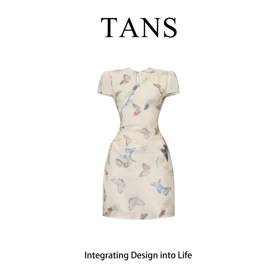 现货 TANS【夏季新品】新中式古法复古蝴蝶改良旗袍连衣裙短款