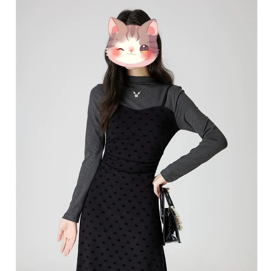 秋季法式复古假两件半高领黑色长袖针织显瘦收腰修身气质长裙