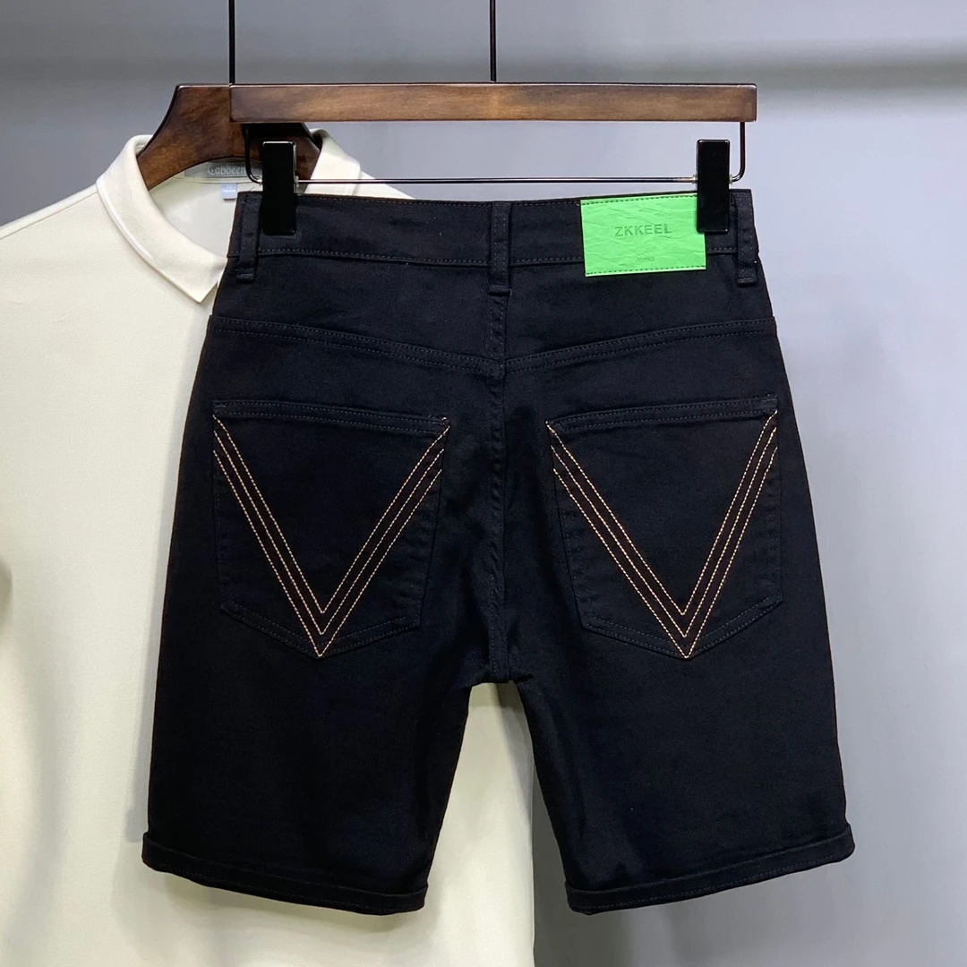 纯黑色五分牛仔短裤男夏季薄款高端潮牌修身美式街头痞帅休闲中裤