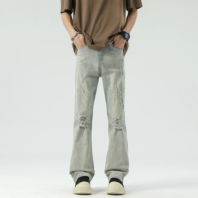 潮牌乞丐破洞牛仔裤男春季美式高街vibe风弯刀裤子不贴腿微喇长裤