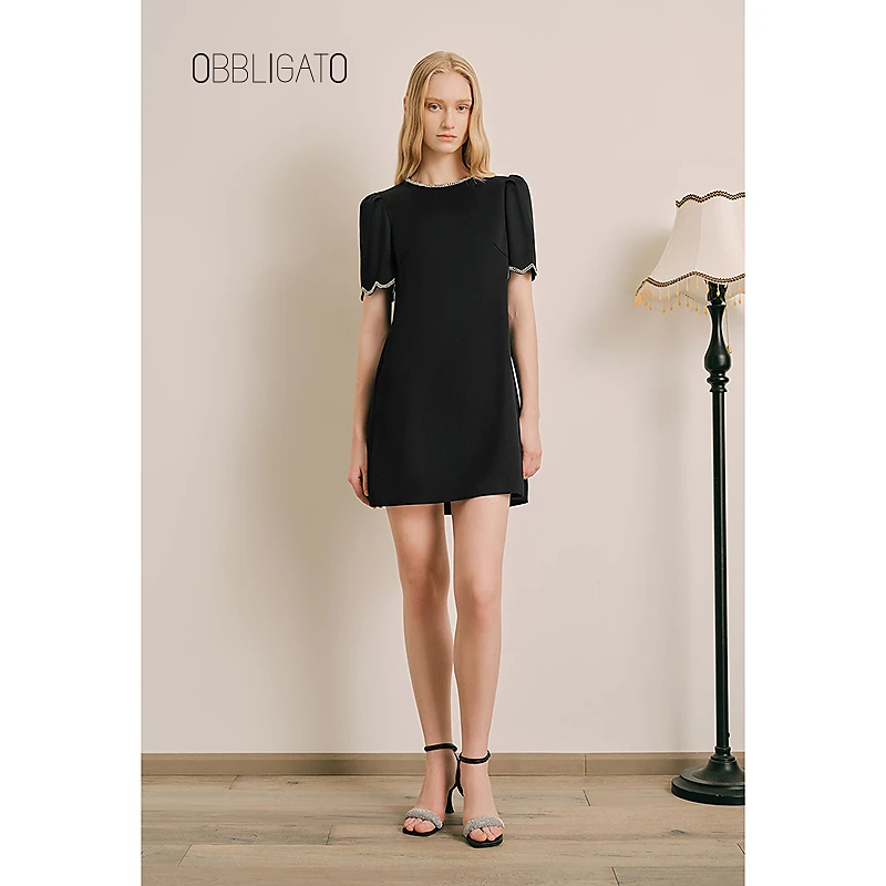 OBBLIGATO奥丽嘉朵1C64305310专选早秋钉钻小黑裙连衣裙