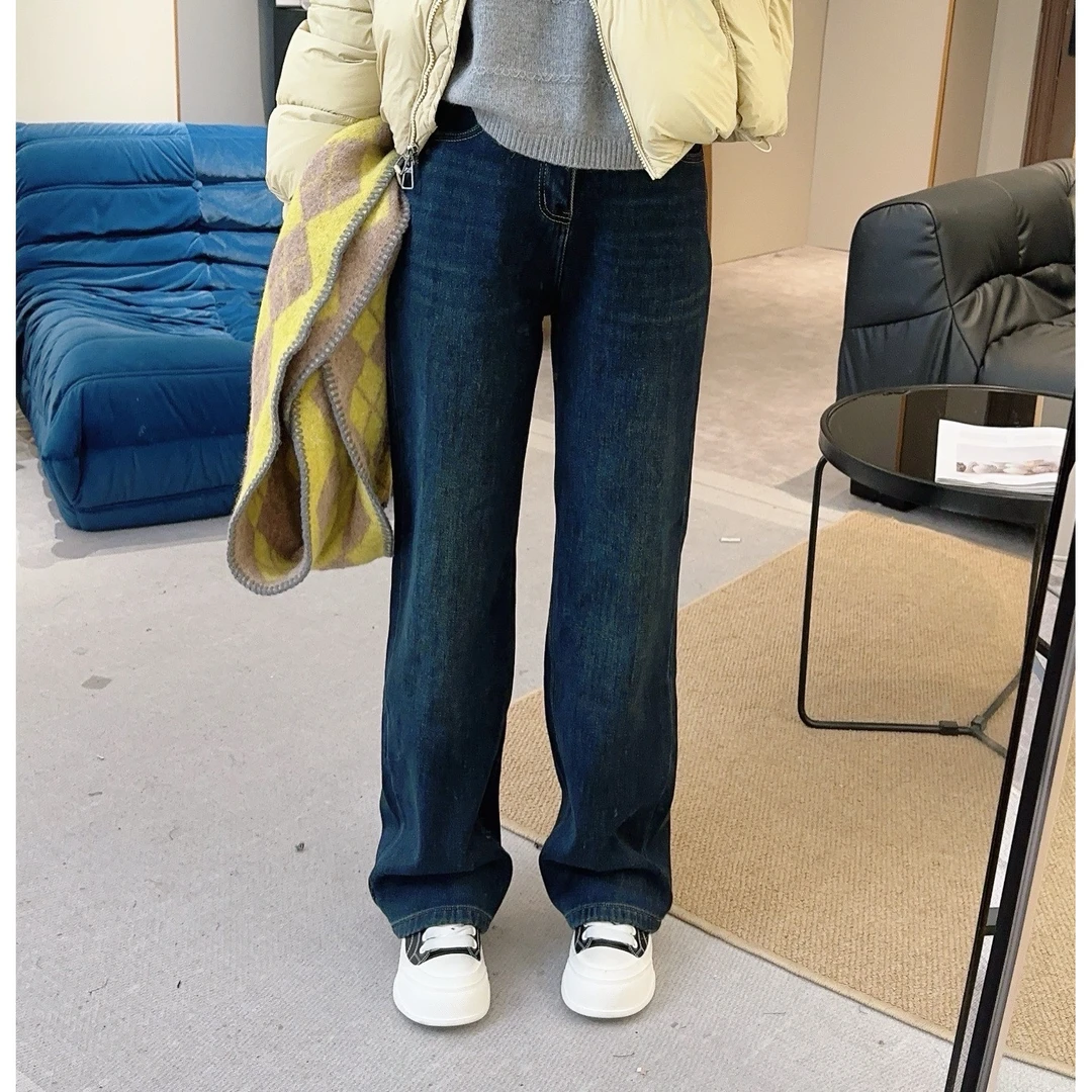 【四面弹厚绒款】冬款复古爱心刺绣显瘦梨形窄版直筒裤 W196