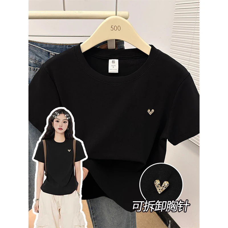 可拆卸胸针爱心钻气质大码女装夏装正肩短袖t恤女弹力修身棉上衣