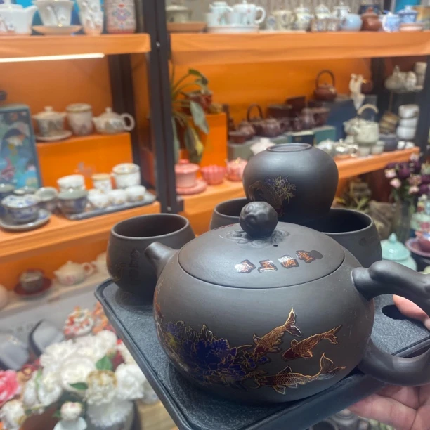 友名陶瓷 黑泥金玉满堂变色紫砂壶一壶两杯西施凤鸣-2960