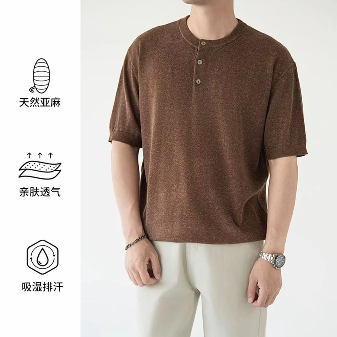 男士夏季透气亲肤亚麻莱赛尔亨利圆领纽扣设计老钱风时尚短袖