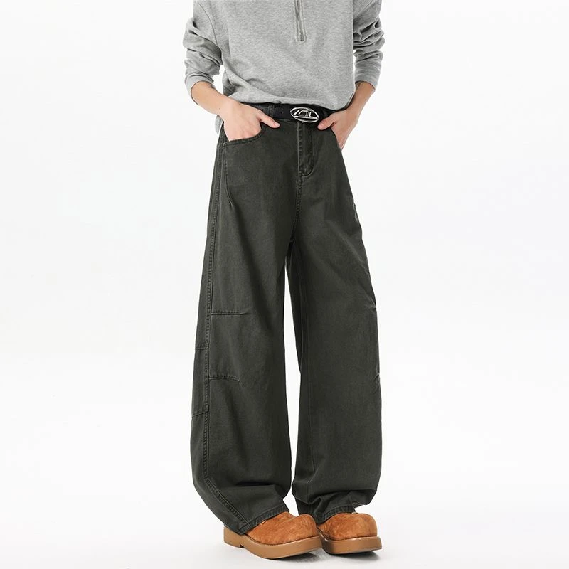 美式军绿色工装休闲裤男潮牌宽松直筒阔腿cleanfit高街运动长裤子