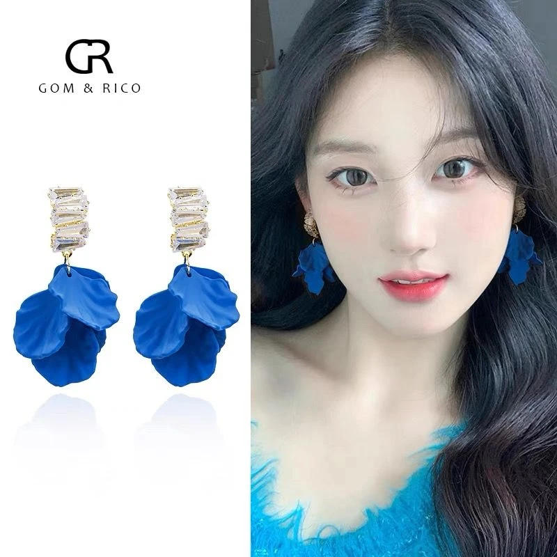 夸张复古蓝色闪钻花瓣耳环气质度假风时尚高级优雅法式耳钉