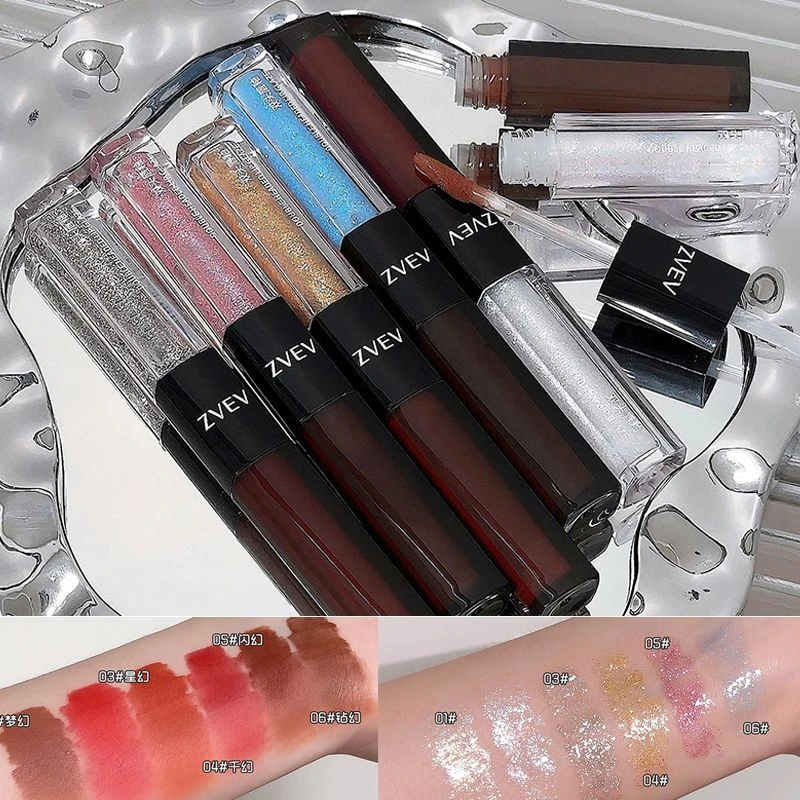 ZVEV双头液体眼影珠光细闪一抹成型组合唇釉不易沾唇釉口红亮晶晶