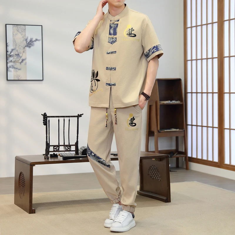 男士中国风短袖套装夏季新款国潮复古中式唐装T恤长裤休闲两件套