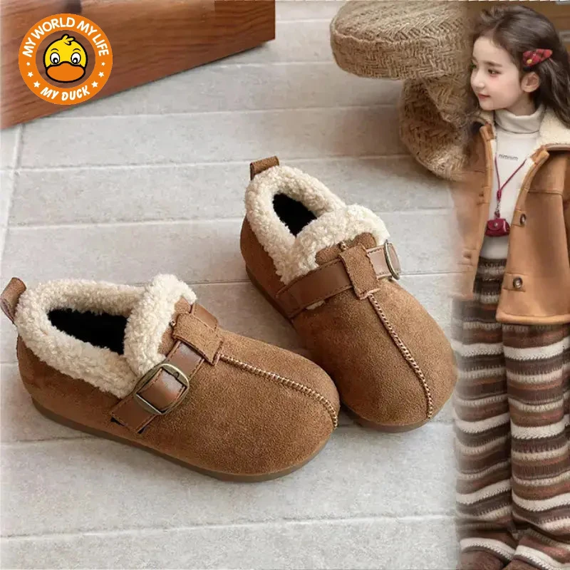 小黄鸭女童勃肯鞋加绒儿童鞋2025冬季新款复古男童二棉毛毛豆豆鞋