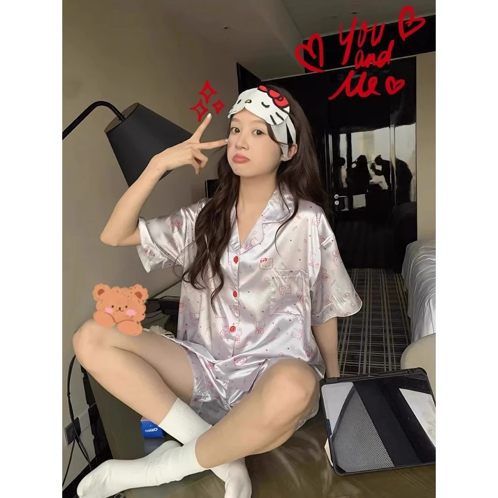 法式印花甜美卡通Kitty冰丝睡衣女夏季款凉感开衫短裤家居服套装