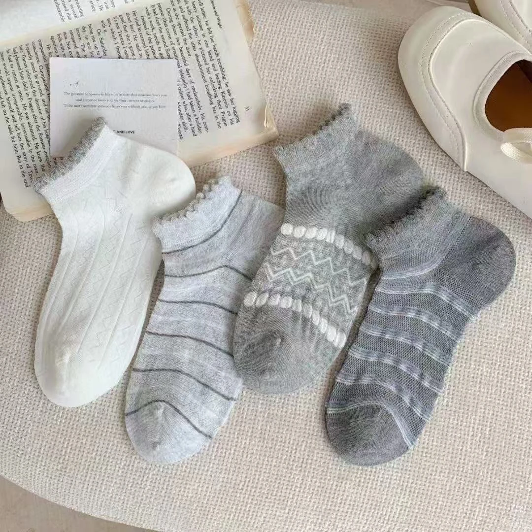 女士夏季网眼蕾灰色系浅口袜四双装