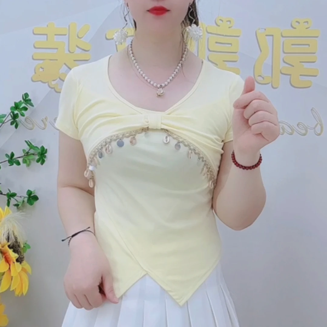 气质蝴蝶扭结流苏亮片短袖T恤女2025夏季新款短款不规则V领上衣