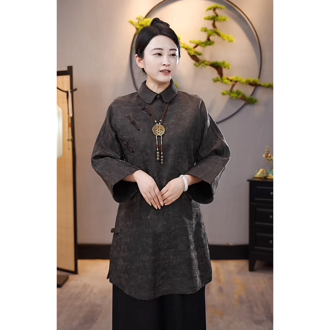 【千奈莉 】100姆米柞蚕丝国风古董老料中式立领太太服